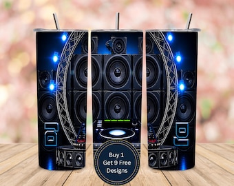 DJ Stage Speaker Tumbler Wrap PNG, futuristisch geluidssysteem blauwe neonlichten, muziekclub sublimatie 20oz skinny wrap ontwerp