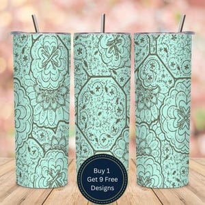 May include: Three tall, stainless steel tumblers with lids and straws. The tumblers feature a teal background with a detailed, dark brown floral and geometric pattern. A circular sticker on the front reads "Buy 1 Get 9 Free Designs."