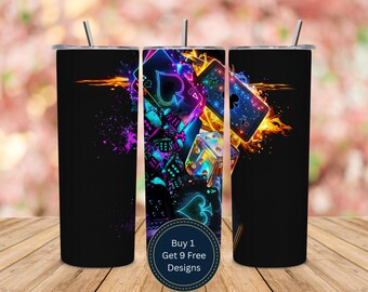Neon casinokaarten Tumbler Wrap, sublimatieontwerp voor gokken met pokerdobbelstenen (digitale download)