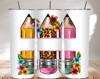 Potloodbeker met bloemenluipaardprint, omslag, png | Aangepast leraarsublimatieontwerp 20 oz