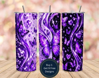Paarse vlinder glitter wrap PNG sublimatie Fantasy Sparkle Design 20oz skinny Tumbler wrap digitale download