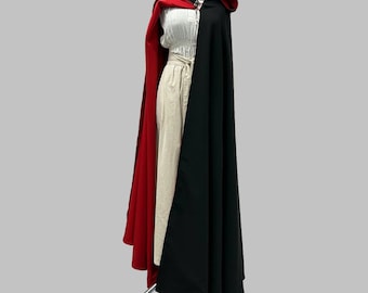 Medieval Two-Tone Cloak with Deep Hood: Red and Black Fantasy Cape | Renaissance Costume Cloak