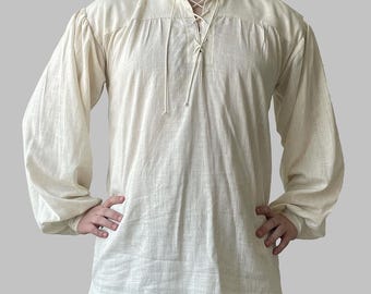 Mittelalterliches Leinenhemd - Renaissance/Wikinger Bauerntunika mit Schnürkragen