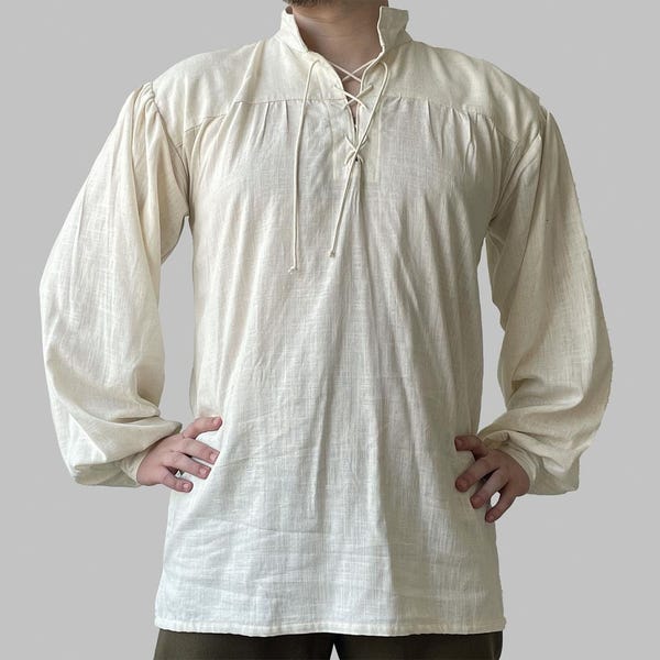 Medieval Linen Shirt – Renaissance/Viking Peasant Tunic with Lace-Up Neck