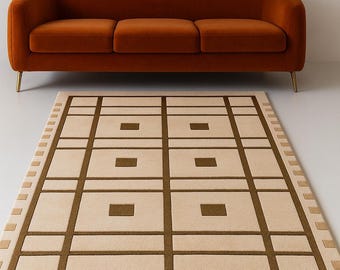 Modern Geometric Hand Tufted Rug, Neutral Beige Brown Area Rug, Minimalist Wool Carpet, Scandinavian Living Room Rug Custom Size Rug 8x10