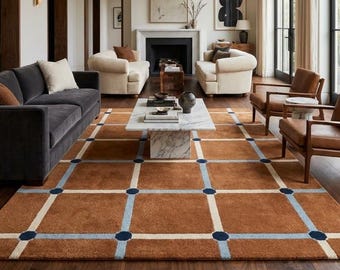 Tappeto con griglia geometrica color ruggine, tappeto a scacchi terracotta e blu, arredamento moderno di metà secolo in stile retrò per soggiorno e camera da letto, dimensioni personalizzate 8×10.