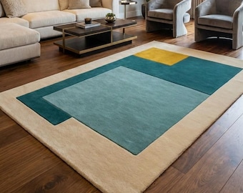 Mid Century Modern Geometric Wool Rug, Color Block Area Rug, Teal & Mustard Abstract Hand Tufted Rug, Bauhaus Living Room Bedroom Decor 8×10