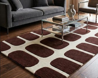 Mid Century Modern Geometric Rug Brown and Cream Abstract Area Rug Retro 70s Minimalist Carpet Tufted Rug for Living Room Bedroom 8×10 9×12