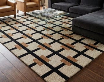 Hand Tufted Wool Rug Modern Geometric Grid Pattern Area Rug, Contemporary Checkered Carpet, Custom Size Living Room Rug 8x10