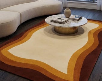 Hand Tufted Abstract Area Rug, Modern Wavy Border Carpet, Cream Brown Minimalist Rug, Luxury Living Room Decor Custom Size 8x10 Rug