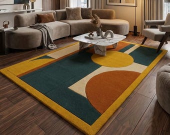Mid Century Modern Geometric Area Rug Bauhaus Color Block Carpet Hand Tufted Teal Mustard Orange Retro 70s Living Room Rug MCM