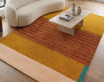Hand Tufted Wool Area Rug, Modern Abstract Geometric Rug, Mustard Rust aaa Teal Carpet, Contemporary Living Room Rug Custom Size Rug 8x10