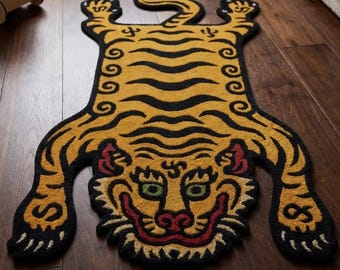 Tibetan Tiger Rug Hand Tufted Wool Area Rug Maximalist Decor Animal Shape Accent Carpet Funky Eclectic Bohemian Room Decor5×8 6×9 custom rug