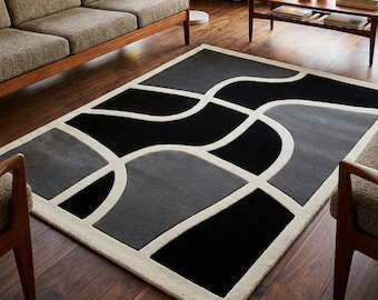 Tappeto moderno astratto trapuntato a mano, tappeto nero grigio crema, tappeto geometrico nordico, arredamento minimalista per soggiorno, tappeto su misura 8x10
