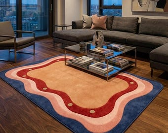 Funky Wavy Hand Tufted Wool Rug Retro 70s Aesthetic Area Rug Maximalist Eclectic Room Decor Pink Orange Scalloped Custom Carpet 5×8 6×9 9×12