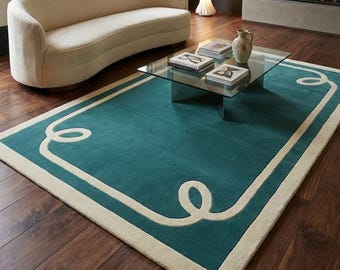 Alfombra moderna tejida a mano, alfombra minimalista color crema turquesa, alfombra de lana escandinava, alfombra nórdica abstracta para sala de estar, tamaño personalizado 8x10