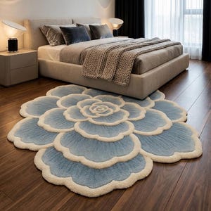 Hand Tufted Wool Blue Flower Rug  Scalloped Petal Shaped Round Carpet 3D Floral Boho Area Rug Living Room Bedroom Home Decor