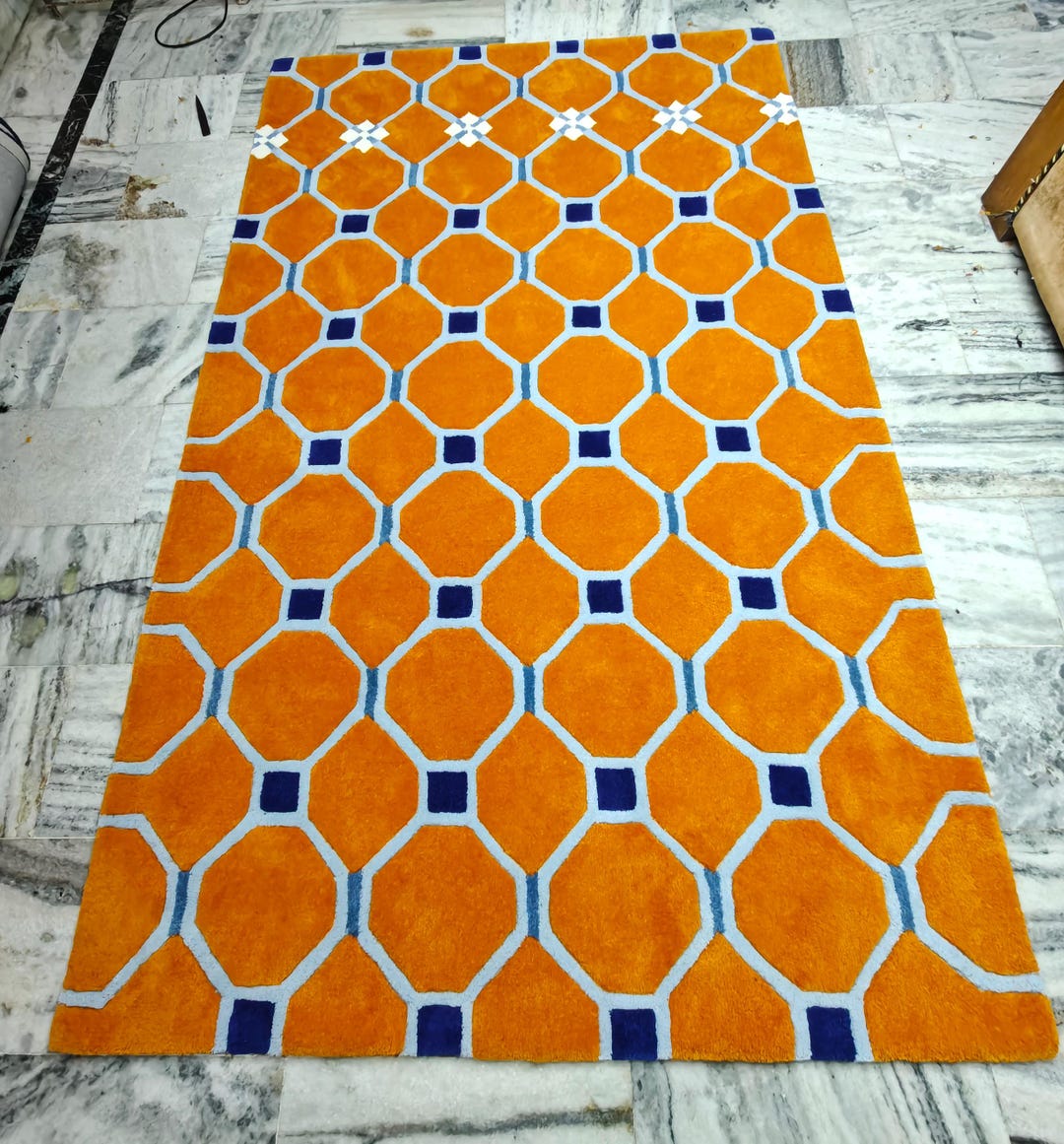 Modern Hand Tufted Orange & Navy Blue Geometric Rug, Octagon Pattern ...