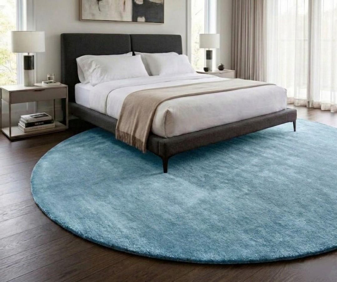 Hand Tufted Round Light Blue Area Rug Solid Color Modern Circle Carpet ...