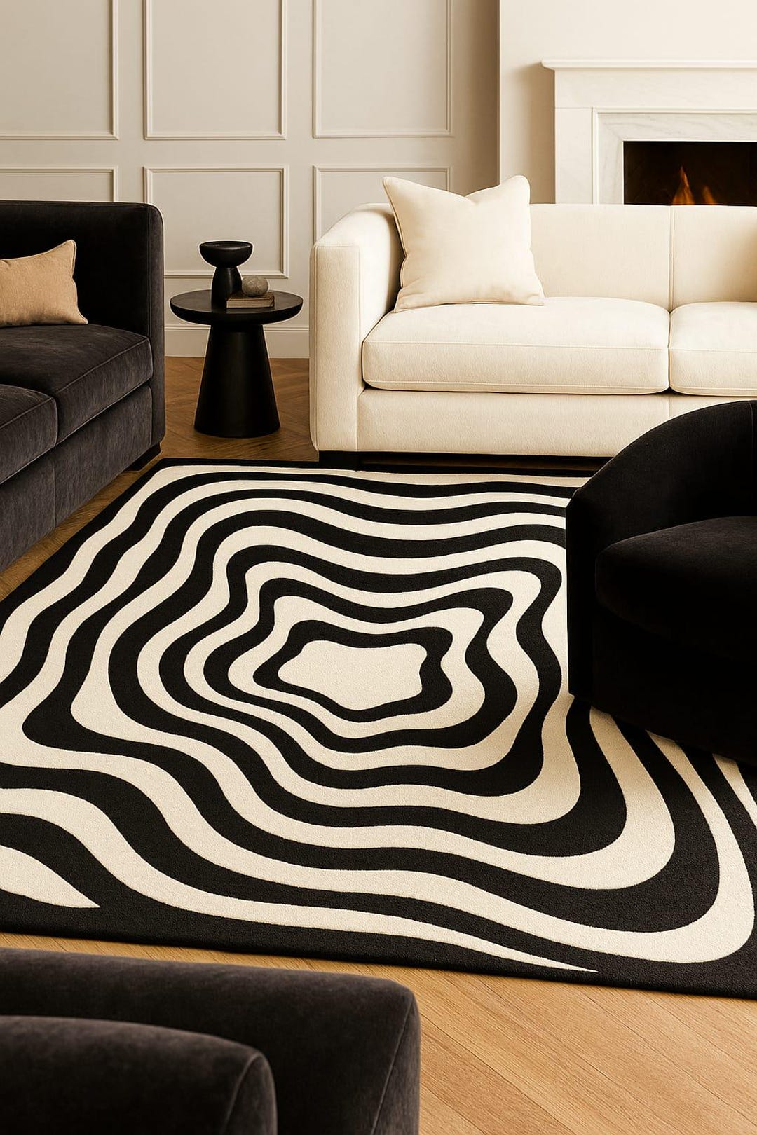 Hand Tufted Wool Rug Black White Modern Abstract Wavy Lines Op Art ...