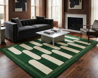 Handtuftad ullmatta modern grön geometrisk matta abstrakt rektangulär matta i mitten av århundradet för vardagsrum, sovrum, anpassad storlek 8x10 matta