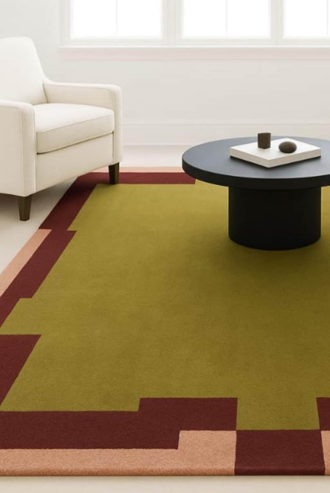 Hand Tufted Wool Rug: Olive Green Modern Rug With Geometric Border ...