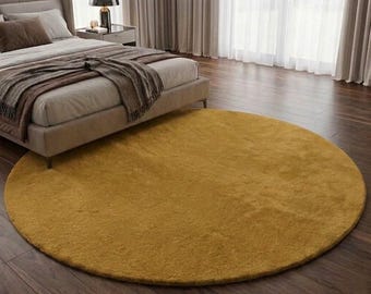 Alfombra redonda de lana tejida a mano color amarillo mostaza, alfombra circular minimalista moderna, alfombra mullida para dormitorio y sala de estar, decoración de tamaño personalizado 5×5