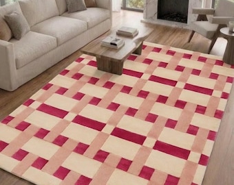 Hand Tufted Geometric Rug Pink Checkerboard Wool Rug Modern Woven Carpet Scandinavian Decor Bedroom Living Room Area Rug Custom Size 8x10