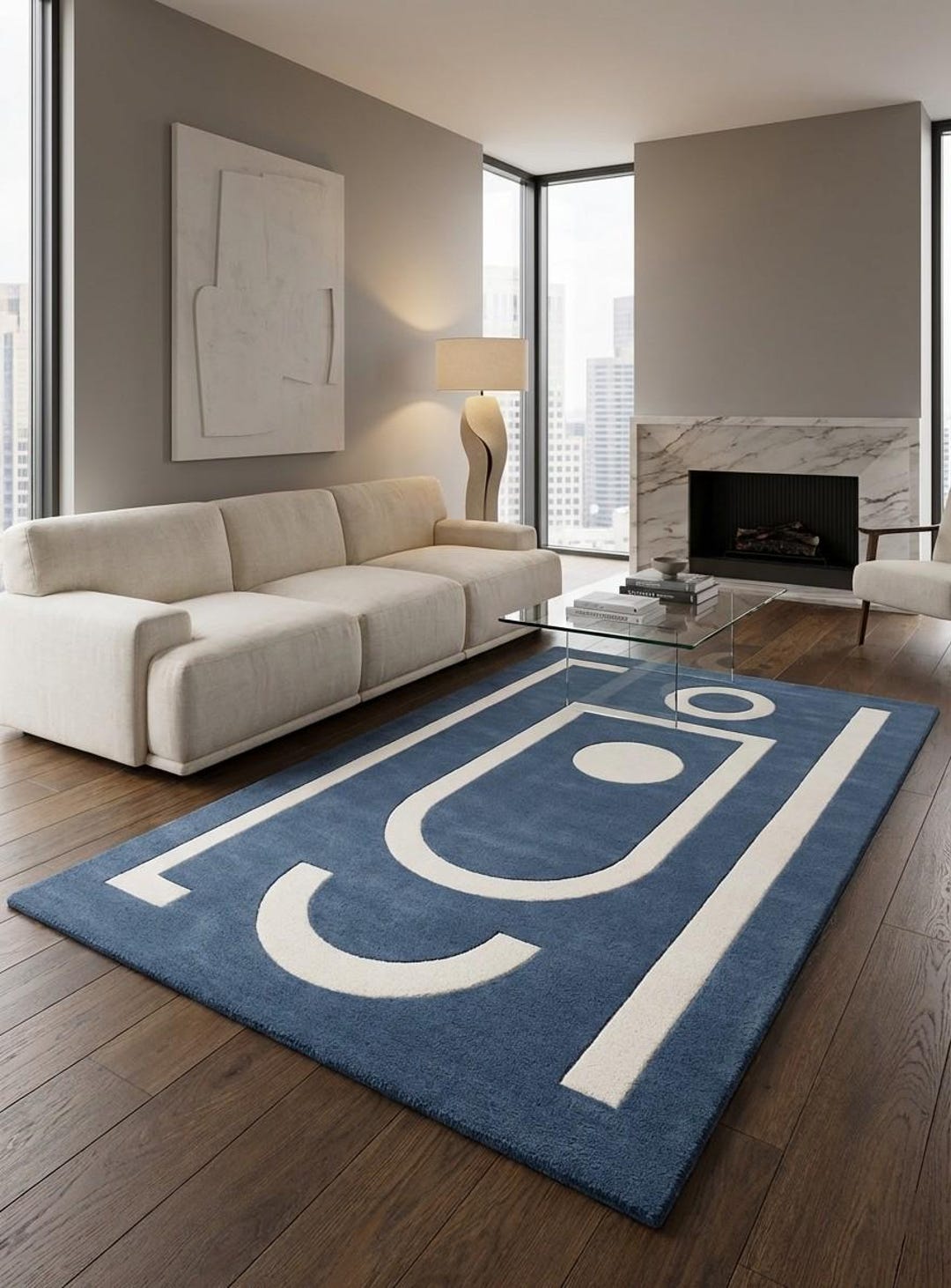 Blue Geometric Rug Abstract Line Art Area Rug Minimalist Navy and White ...