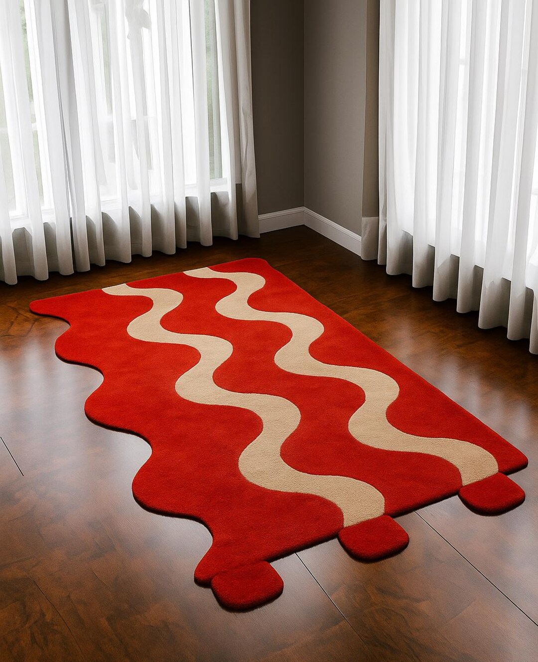 Red Wavy Irregular Rug, Funky Squiggly Tufted Area Rug, Abstract ...