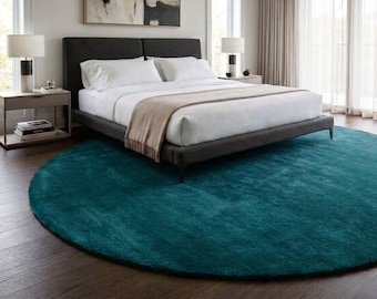 Round Hand Tufted Wool Rug, Teal Area Rug, Modern Minimalist Carpet, Custom Circular Rug, Bedroom Living Room Decor Gift 8×8