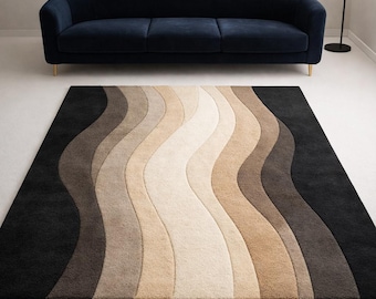 Hand Tufted Wave Rug Modern Abstract Area Rug Black Beige Neutral Rug Wavy Geometric Carpet Contemporary Living Room Decor Custom Size 8x10