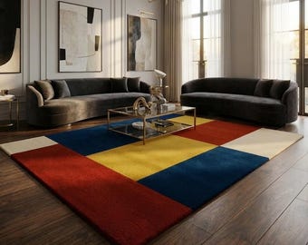 Hand Tufted Wool Area Rug Modern Mondrian Geometric Abstract Color Block Rug Bold Red Blue Yellow Living Room Carpet