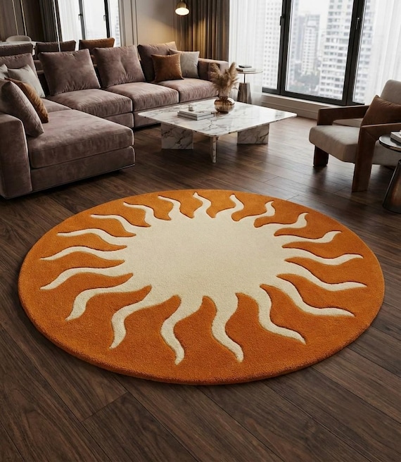 Handgetufteter Wollteppich in Sonnenform, Boho Celestial Teppich, Moderner Teppich fürs Wohnzimmer, 200x250