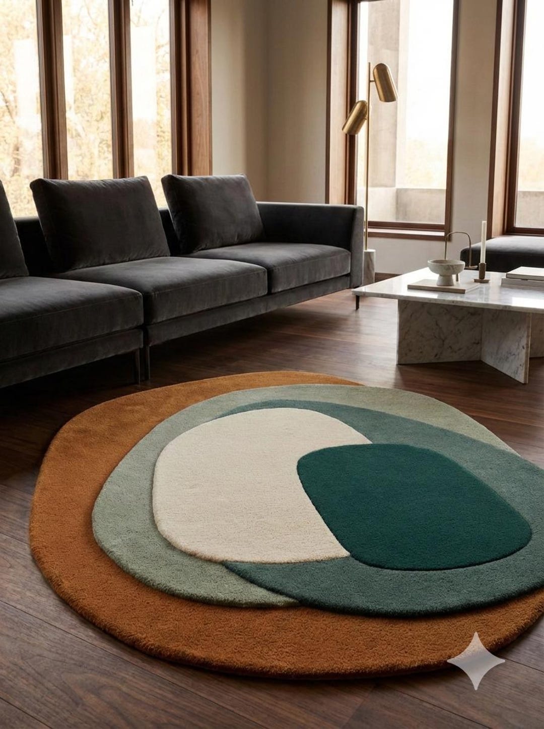 Modern Abstract Tufted Rug Layered Oval Design Carpet in Green, Beige ...
