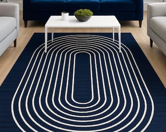 Hand Tufted Navy Blue Wool Rug Modern Geometric Line Rug Minimalist Area Rug, Scandinavian Carpet, Contemporary Home Decor Custom Size 8x10