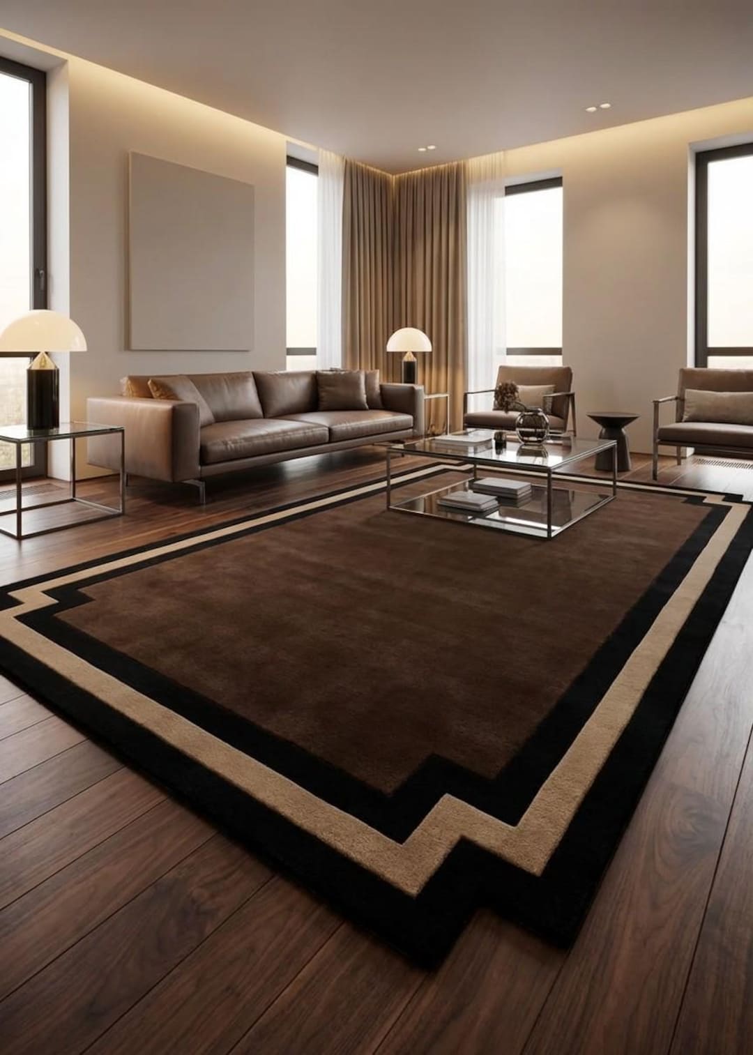 Deco Border Rugs Art Deco Brown Area Rug With Geometric Border, Modern Minimalist Living ...