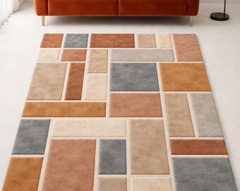 Hand Tufted Wool Rug Modern Geometric Area Rug Abstract Patchwork Rug Beige Brown Gray Living Room Rug Contemporary Minimalist Carpet