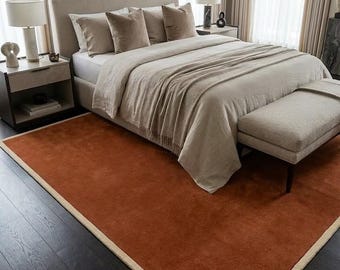 Burnt Orange Rug with Cream Border, Terracotta Area Rug, Mid Century Modern Decor Minimalist Solid Color Carpet Earth Tone Living Room Rug
