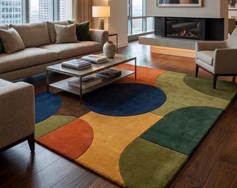 Hand Tufted Geometric Area Rug, Modern Abstract Wool Rug, Mid Century Living Room Carpet, Color Block Custom Rug Decor 8×10