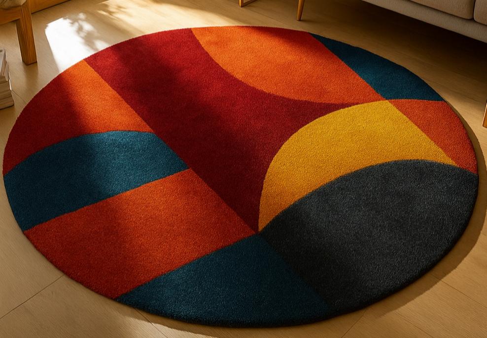 Mid Century Modern Round Rug, Retro 70s Geometric Area Rug, Abstract ...