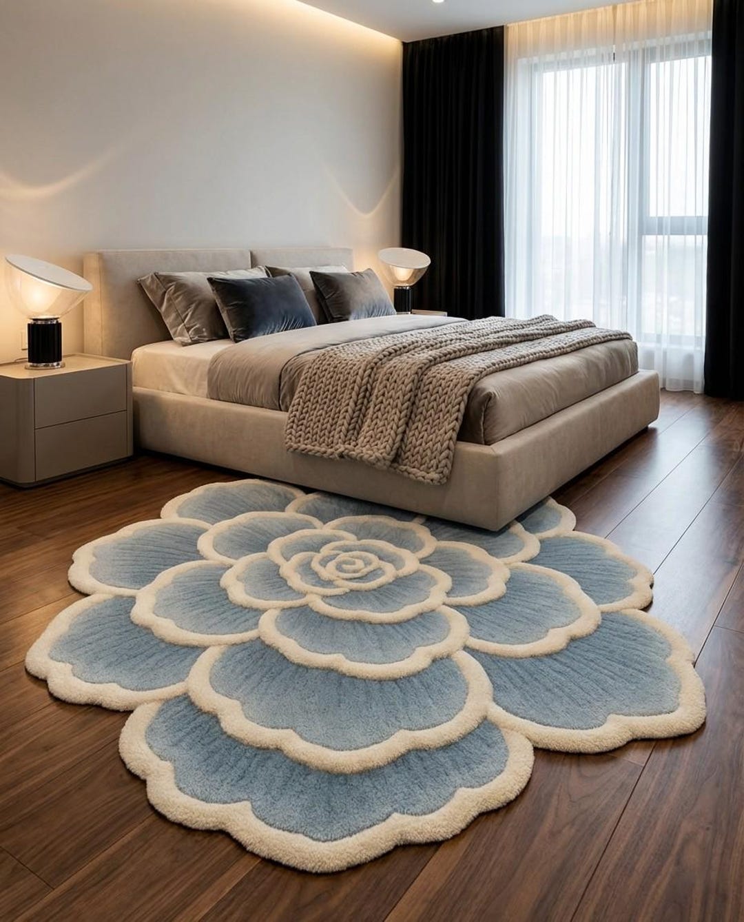 Hand Tufted Wool Blue Flower Rug Scalloped Petal Shaped Round Carpet 3D ...