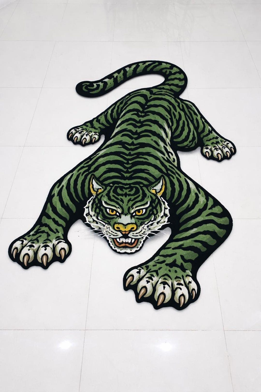 Tiger Shape Rug Green Tiger Shaped Rug, Hand Tufted Animal Area Rug, Maximalist Room ...