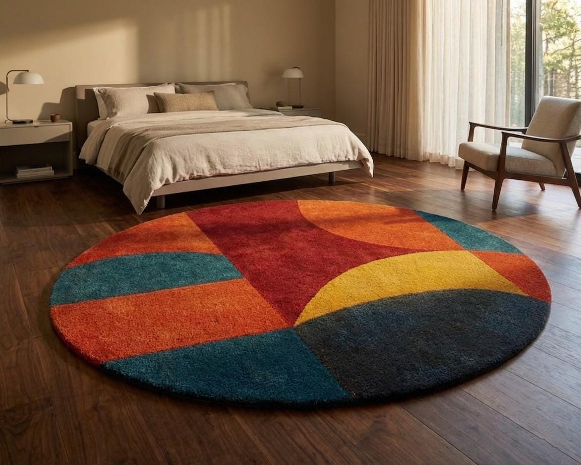 Mid Century Modern Round Rug, Retro 70s Geometric Area Rug, Abstract ...