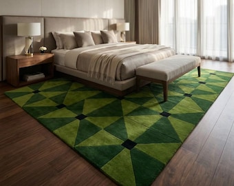 Green Geometric Rug Hand Tufted Wool Area Rug Modern Living Room Carpet Handmade Contemporary Floor Decor Custom Size Rug 8x10