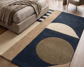 Modern Hand Tufted Wool Rug, Geometric Abstract Area Rug, Navy Blue Beige Cream Carpet, Contemporary Living Room Bedroom Decor Custom 8×10