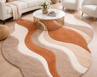 Hand Tufted Abstract Rug Wavy Area Rug Terracotta Beige Rug Modern Organic Rug, Living Room Decor Boho Contemporary Carpet Custom Size 8x10