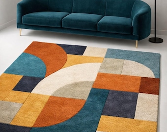 Hand Tufted Wool Rug Mid Century Modern Geometric Area Rug, Abstract Color Block Rug Contemporary Living Room Bedroom Home Decor