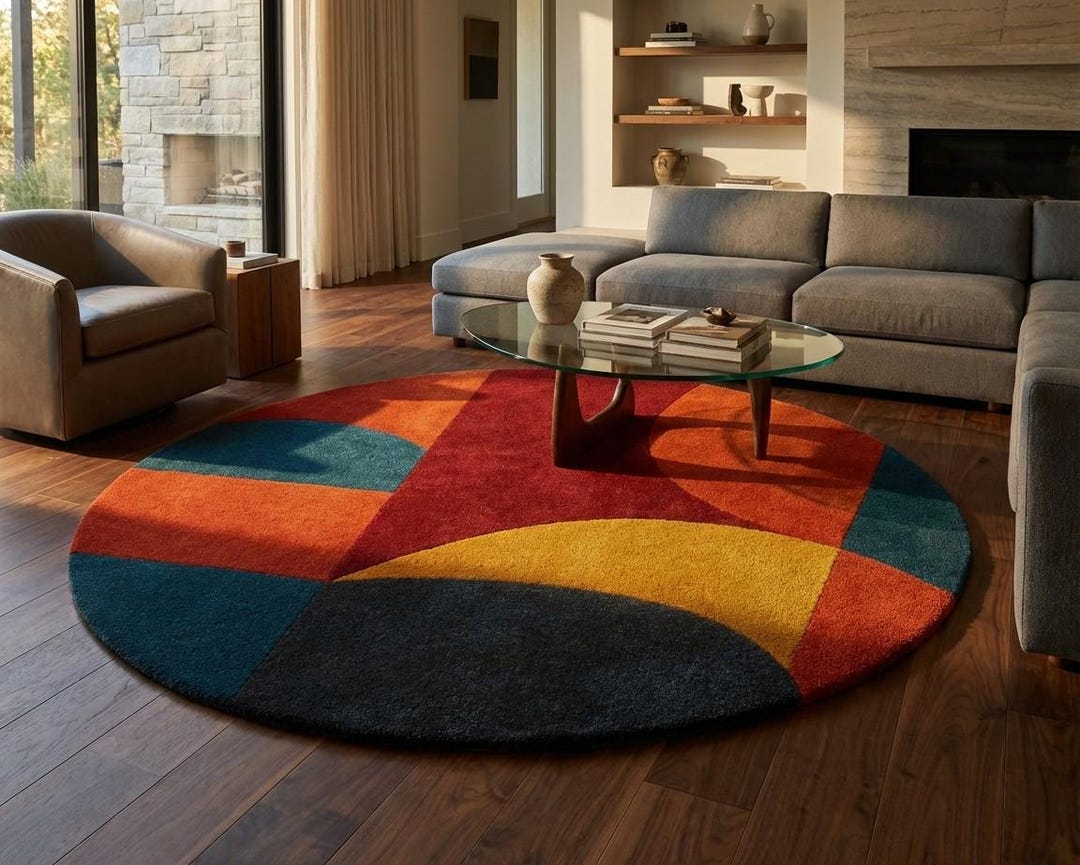 Mid Century Modern Round Rug, Retro 70s Geometric Area Rug, Abstract ...