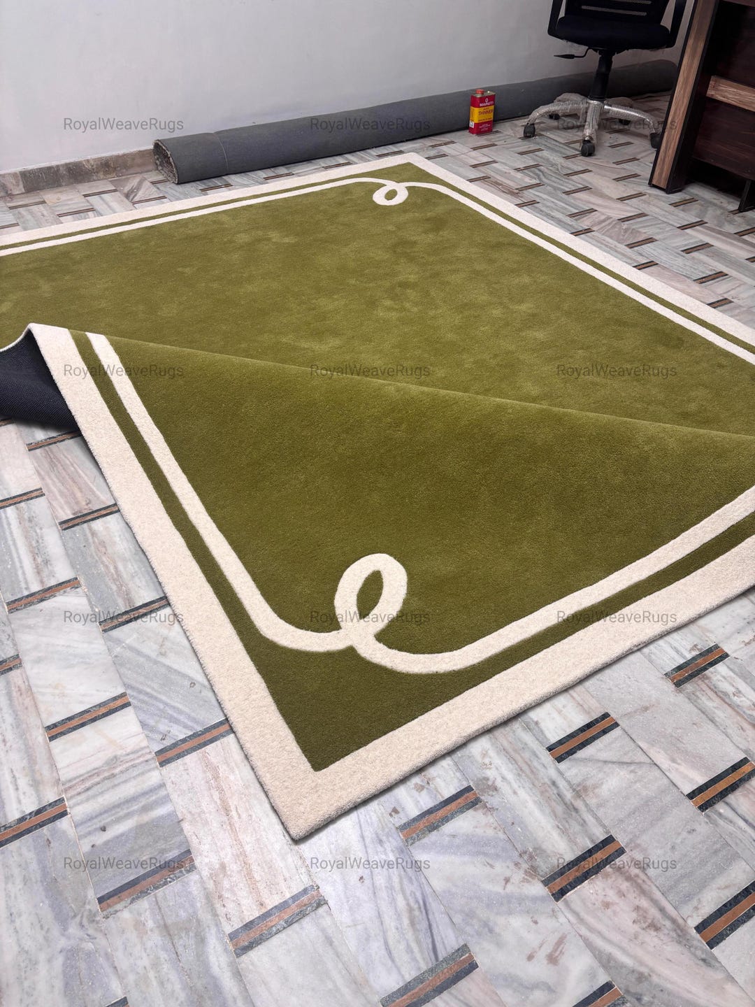 Olive Green Hand Tufted Wool Rug Modern Border Area Rug Minimalist Loop ...